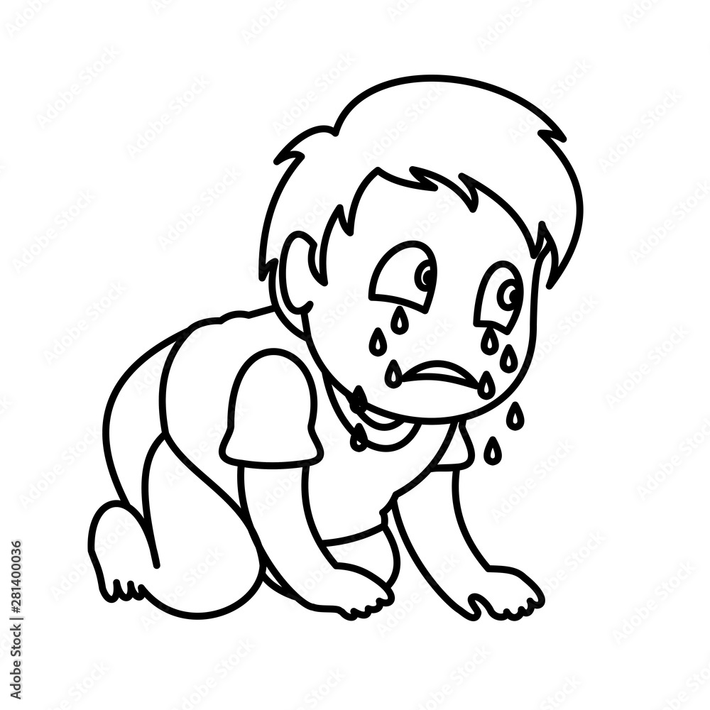 Fototapeta premium A sad boy crawling and crying. Vector illustration with continuous lines on white background. 