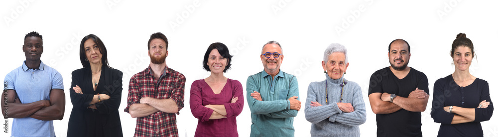 a group of Caucasian, African and Latin people, with arms crossed and white background a group of Caucasian, African and Latin people, with arms crossed and white background
