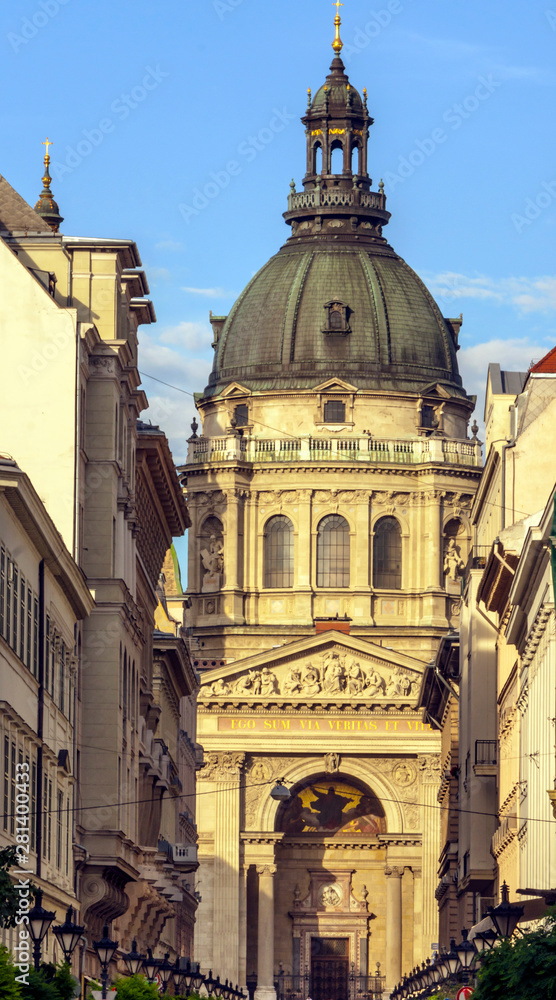 Cathedral of Budapest  with tower and dome in a sunny day