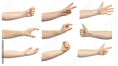 Collage of male hands showing various gestures isolated on white background. A set of various hand gestures