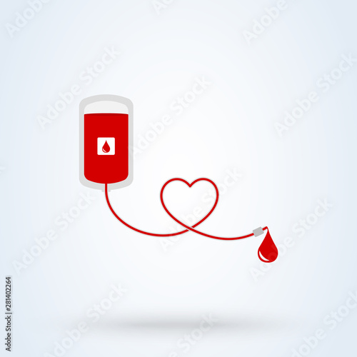 A blood donation bag with tube shaped as a heart. vector modern design illustration.