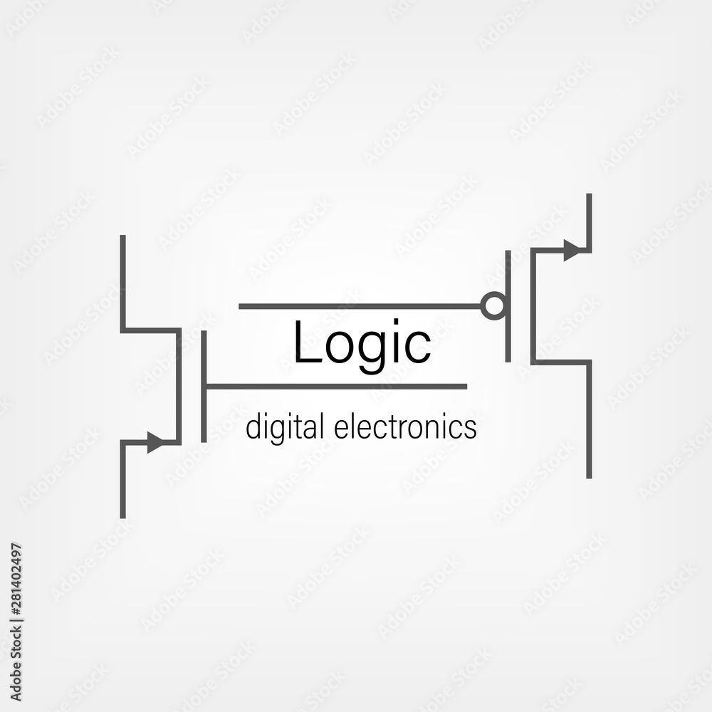 Symbols for building blocks of logic gates. NMOS and PMOS transistor