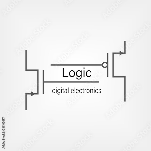 Symbols for building blocks of logic gates. N-MOS and P-MOS transistor schematic symbols. Electrical company logo design
