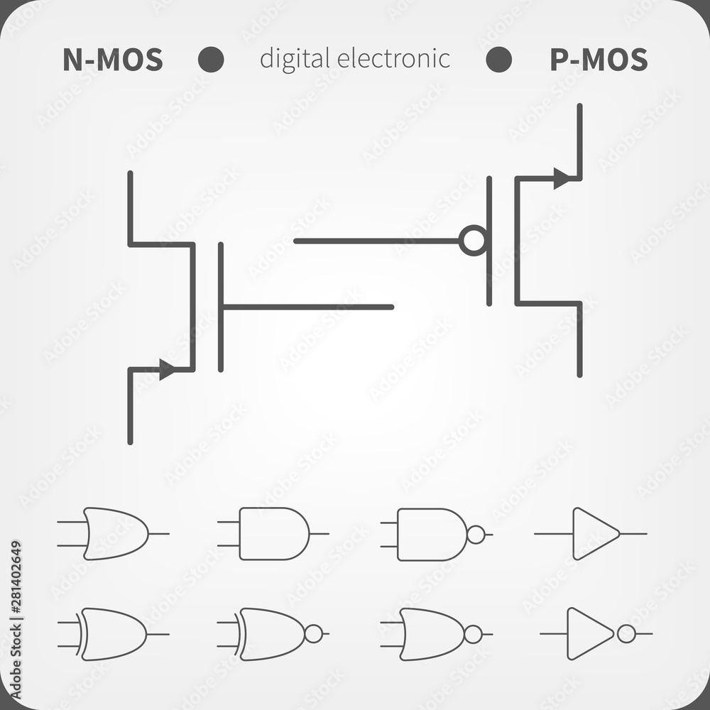Symbols for building blocks of logic gates. N-MOS and P-MOS transistor schematic symbols.