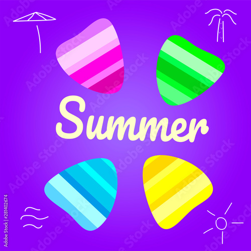 Summer vector background with seashell elements. Summer colorfull seashells on the violet backdrop. Summer illustration