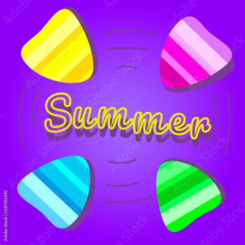 Summer vector background with seashell elements. Summer colorfull seashells on the violet backdrop. Summer illustration