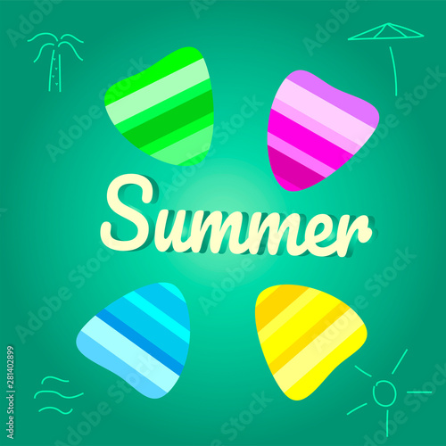 Summer vector background with seashell elements. Summer colorfull seashells on the aqua green backdrop. Summer vector illustration