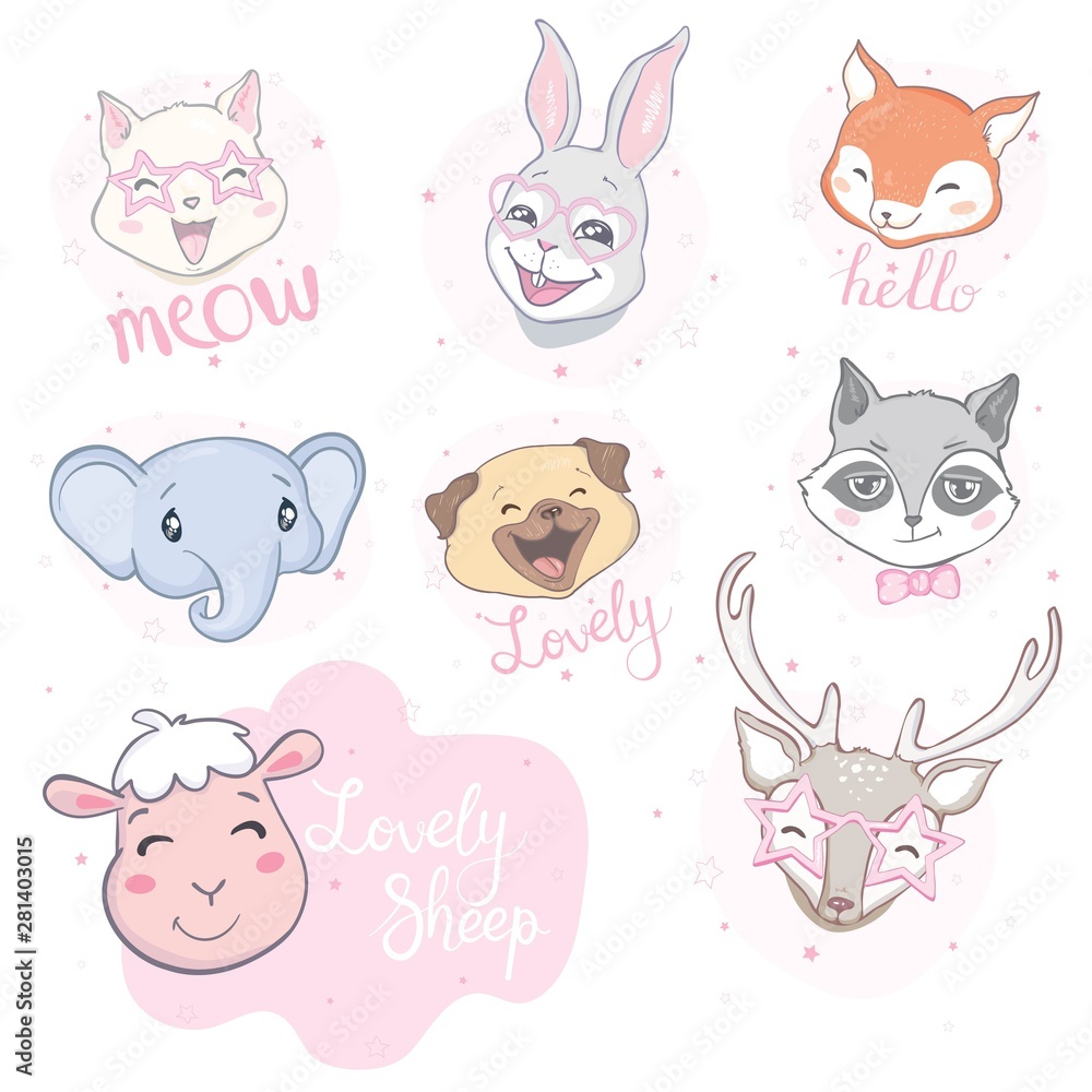 Cartoon cute animals for baby card and invitation. Vector illustration. Lion, dog, bunny, bear, panda, tiger, cat, fox.