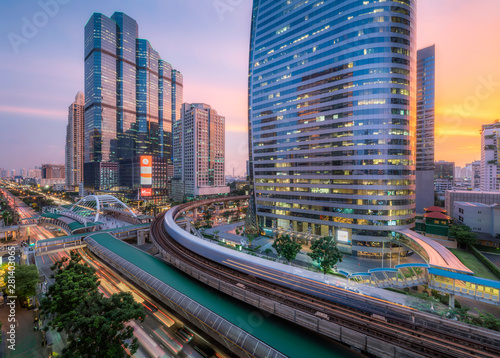 Subway track through the city of Bangkok in the evening
