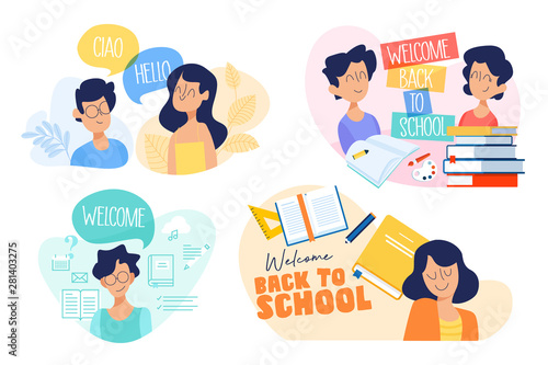 Flat design concept of education, back to school, language courses. Vector illustration for website banner, marketing material, presentation template, online advertising.