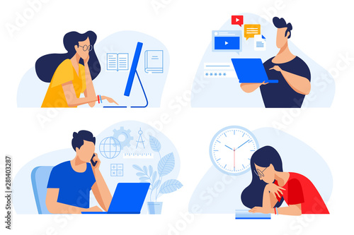 Flat design concept of online education, training and courses, learning, video tutorials. Vector illustration for website banner, marketing material, presentation template, online advertising.