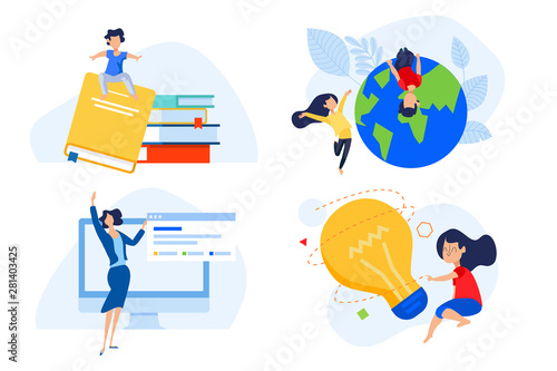 Flat design concept of distance school and education, knowledge and creativity. Vector illustration for website banner, marketing material, presentation template, online advertising.