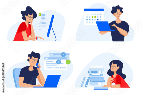 Flat design concept of distance education, online courses, e-learning, tutorials, apps. Vector illustration for website banner, marketing material, presentation template, online advertising. © PureSolution