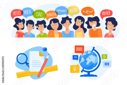 Flat design concept of language school, online education. Vector illustration for website banner, marketing material, presentation template, online advertising.