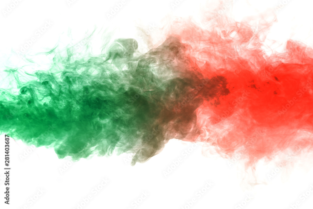 Horizontal jet of green smoke rolling in red on a white background Horizontal jet of green smoke rolling in red on a white background