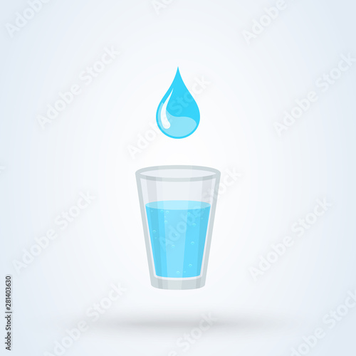 Glass of water and waterdrop. vector modern icon design illustration.