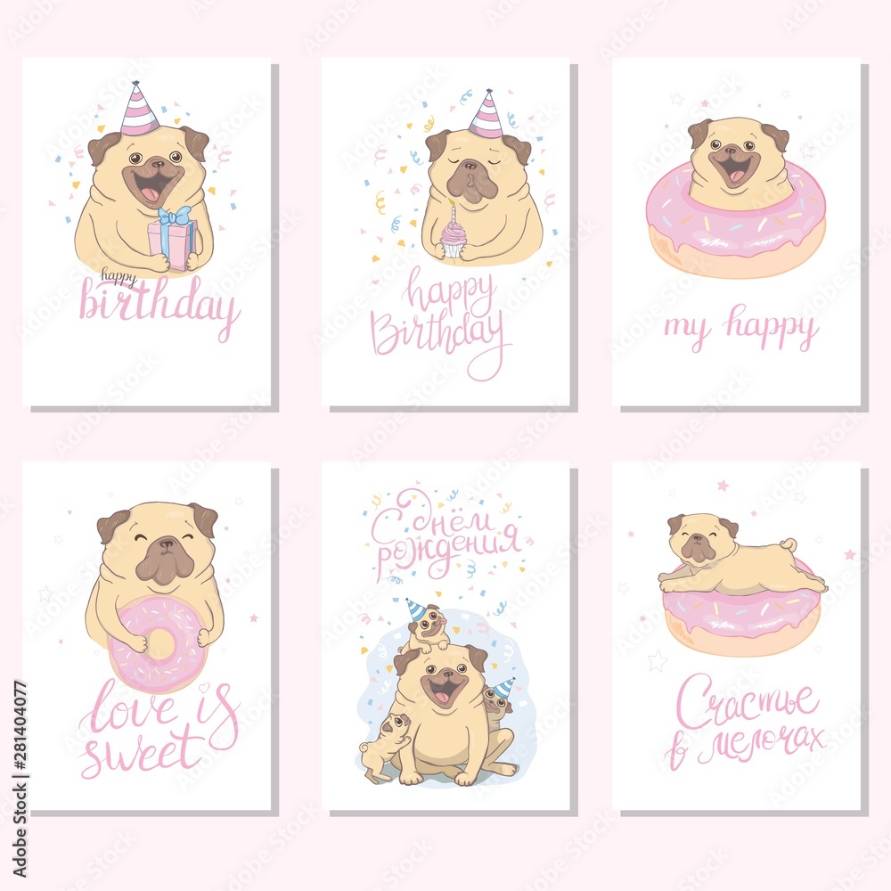 Cute funny pug dog is here. Set of rectangle gift tag, card, postcard. Pugs and kisses. Vector illustration. Cute funny pug dog is here. Set of rectangle gift tag, card, postcard. Pugs and kisses. Vector illustration.
