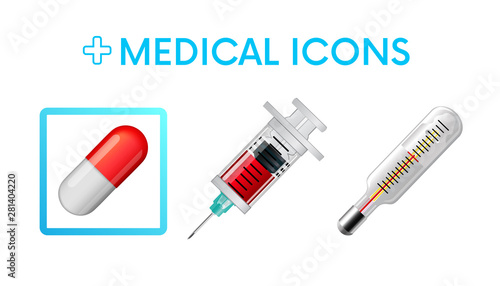 Set of medical icons,illustrations. Painkillers, capsules, antibiotics,thermometer, syringe. Vector illustration. For your design or game apps.