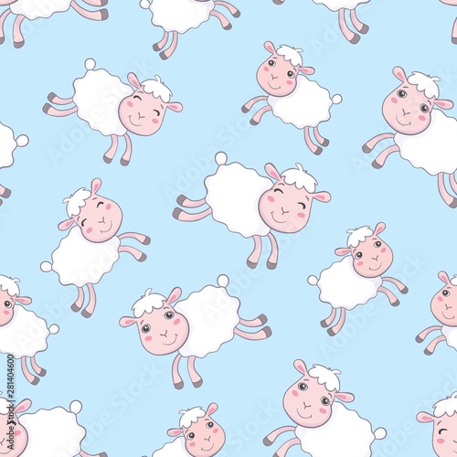 Seamless pattern of counting sheep to fall asleep. Cartoon happy jumping sheep for baby. Vector background