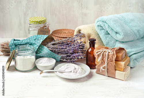 Eco friendly products for home cleaning. DIY ingredients - essential oil, lavender, soap, baking and washing soda, vinegar. Natural domestic cleaning. simple recipes homemade. zero waste detergent