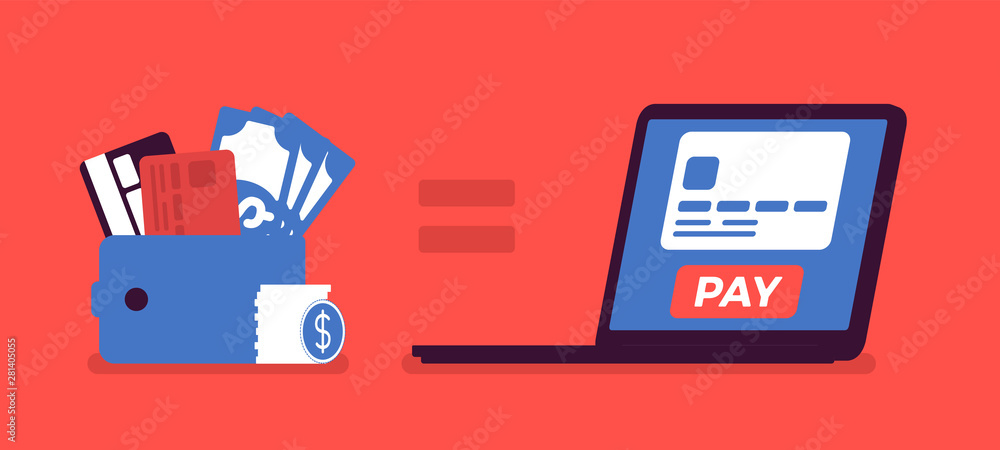 Online payment purchasing service. Mobile money wallet, customer bank or credit card account, computer networks, Internet-based method, pay for goods, services. Vector illustration