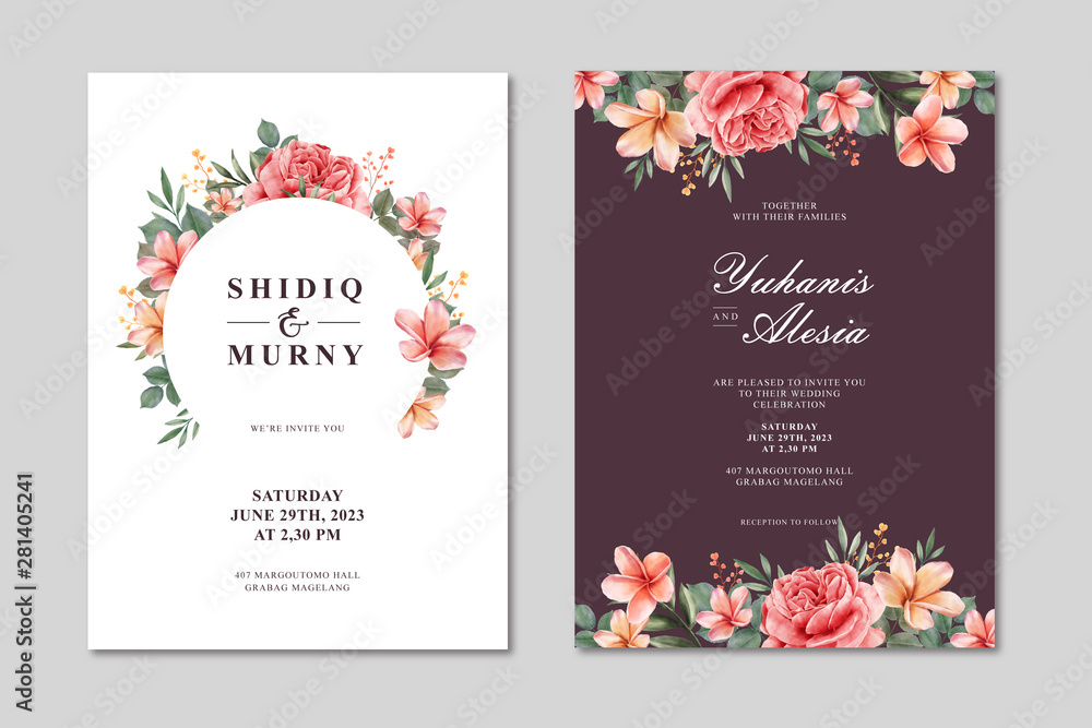 Beautiful wedding card template with floral watercolor