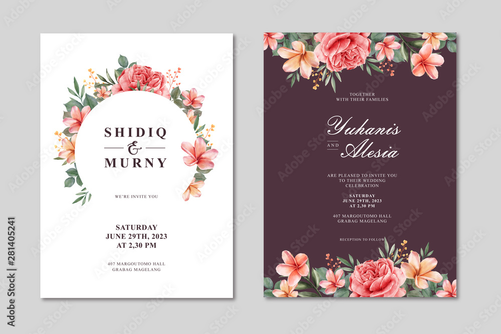 Obraz premium Beautiful wedding card template with floral watercolor