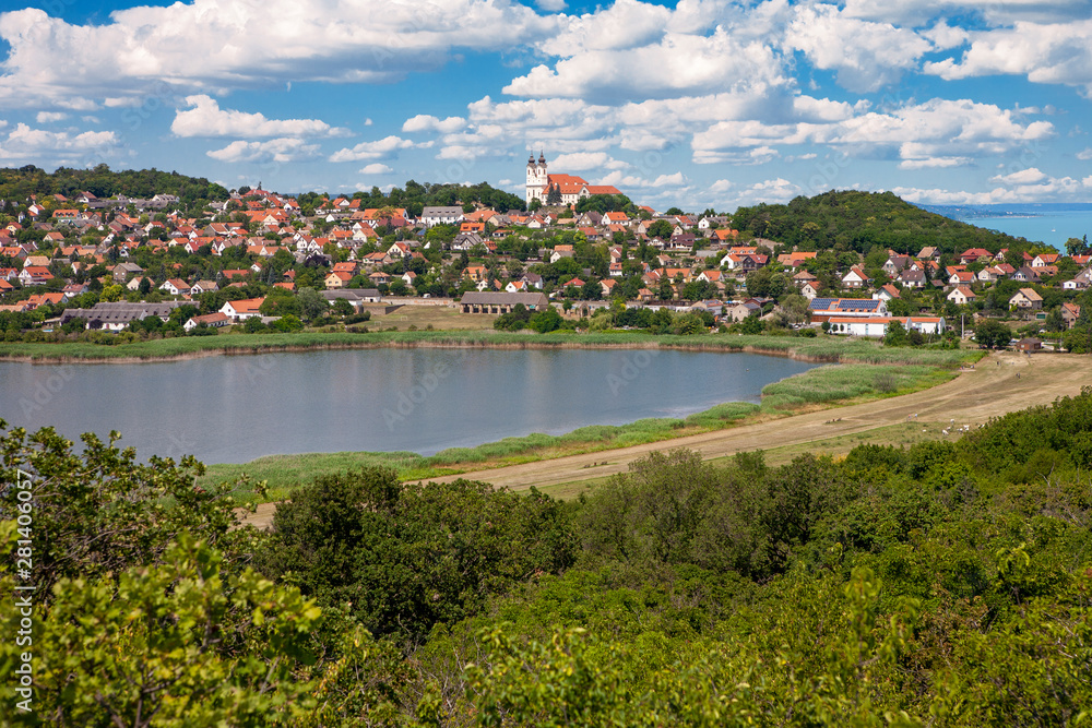 Tihany village with the abbey and the innert lake framed by a forest and a nice cloudscape at Lake Balaton in Hungary