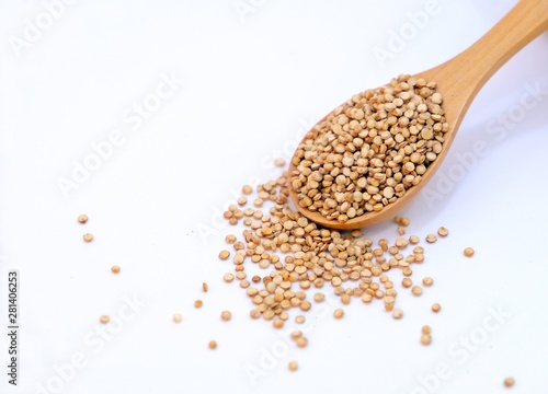 Wooden spoon full of quinoa isolate on white background. Selective focus.