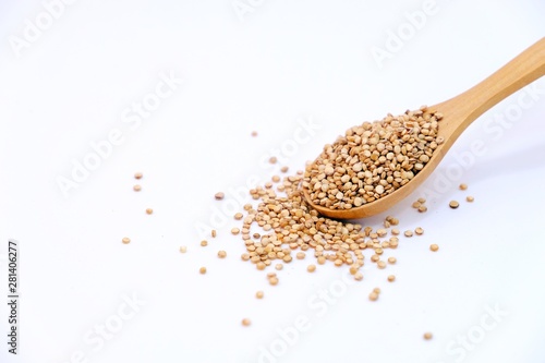 Wooden spoon full of quinoa isolate on white background. Selective focus.