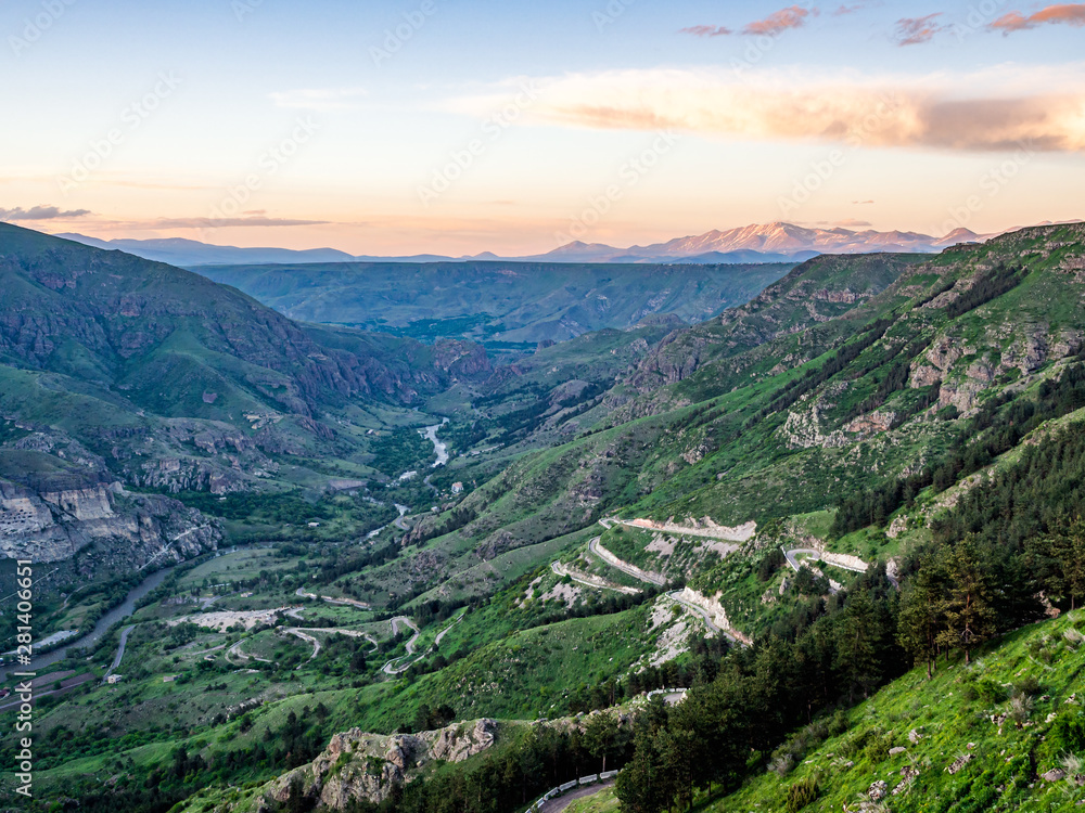 Fototapeta premium Beautiful view of Kura river valley in Georgia at dusk