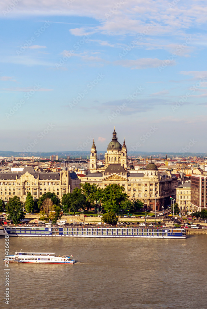 Budapest, Hungary - June 2019. Danube river in the city of Budapest. You can see the river life and the historical building in the background.