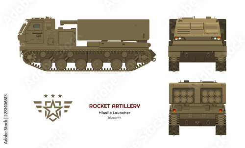 Missile vehicle in realistic style. Rocket artillery. Side, front and back view. 3d image of military tractor with jet weapon. Camouflage tank