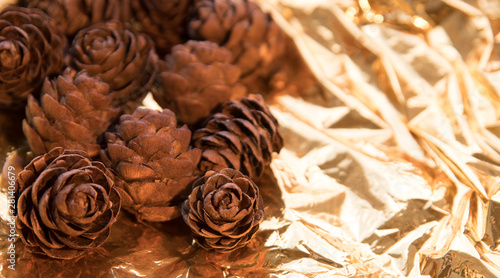 pine cone on a gold background. postcard for autumn and new year