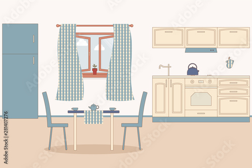 Kitchen home interior. Indoor furniture: fridge and stove and cupboard and hood, kettle, MITT, oven MITT,sink, faucet.Vector illustration