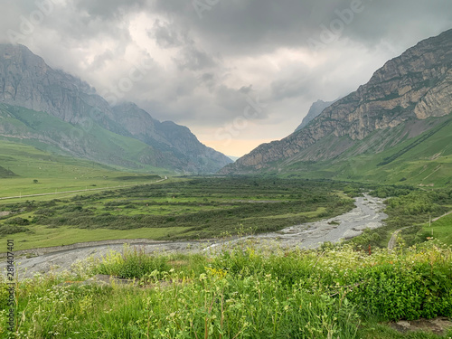 North Ossetia. Dargavs. River Gizeldon in cloudy weather photo