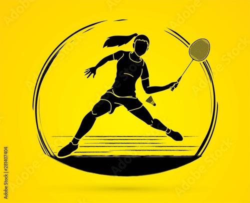 Badminton player action cartoon graphic vector.