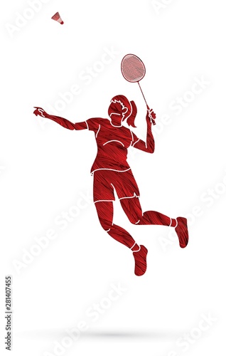 Badminton player action cartoon graphic vector.