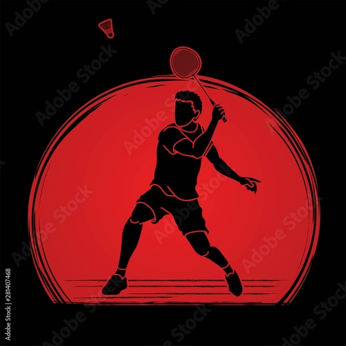 Badminton player action cartoon graphic vector.