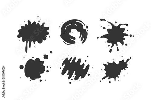 Black paint blots collection of vector icons. Cartoon paint splatters and ink splashes.