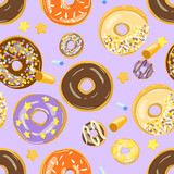 Glazed Donuts seamless pattern Vector illustration. Top View doughnuts
