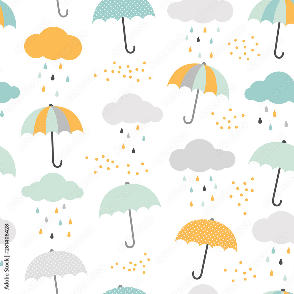 Cute vector pattern with umbrellas, clouds and rain drops. Scandinavian style seamless background.