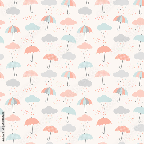 ector umbrella pattern with clouds and rain drops. Cute colorful seamless background in pastel blue, pink and gray.