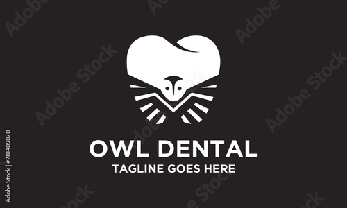 Owl and dental logo - vector illustration. Emblem design on black background