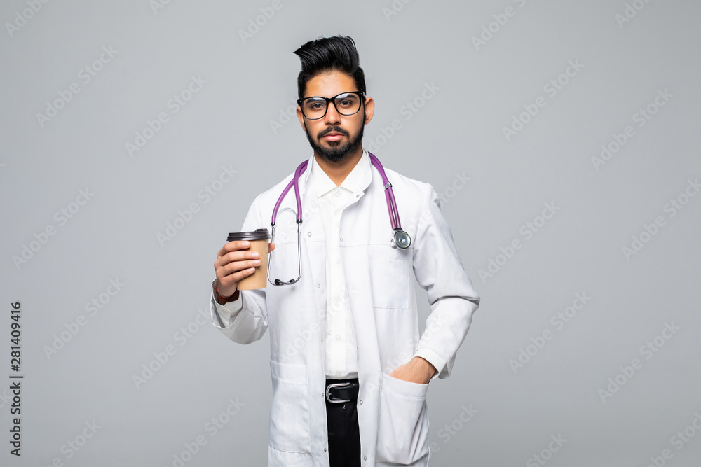Indian Medic or doctor taking coffee break concept isolated on white background Indian Medic or doctor taking coffee break concept isolated on white background