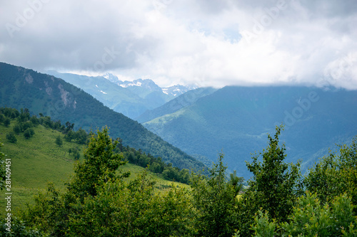 mountain landscape, mountains, green trees, valley, glaciers. Arkhyz, Karachay-Cherkessia, Russia