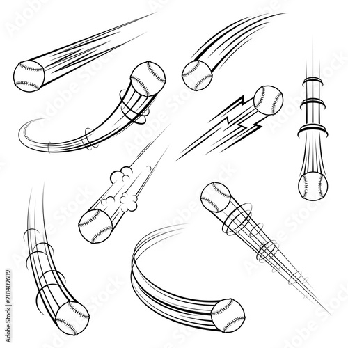 Set of different outline black movement path baseball