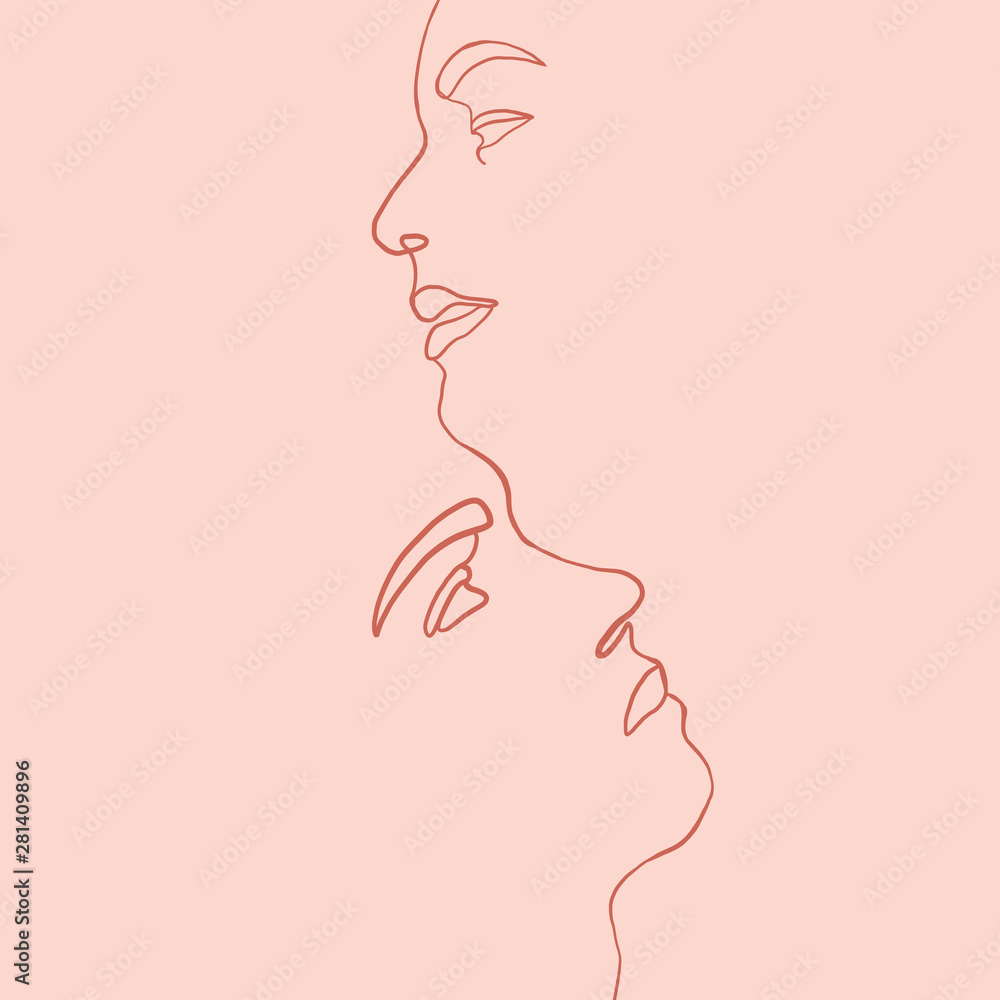 Continuous line, drawing of set facesmen and women in kiss, fashion concept, woman beauty minimalist, vector illustration for t-shirt, slogan design print graphics style. One line fashion illustration