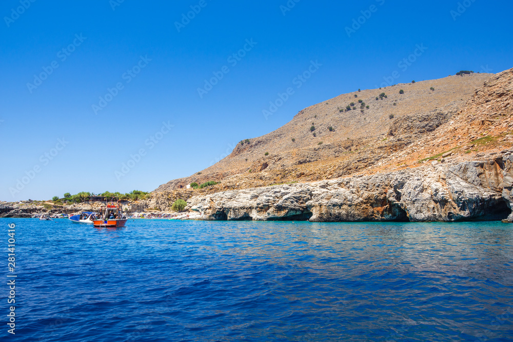 Marmara beach at the end of Aradena gorge and coastline alongside e4 trail at south-west coast of Crete island, Greece