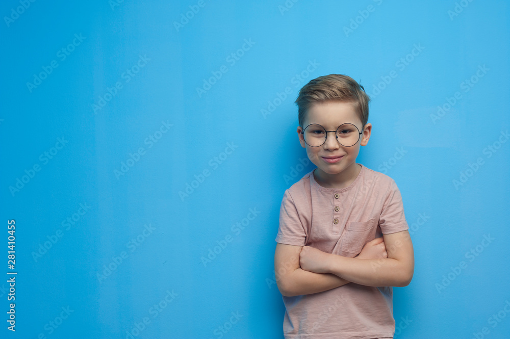 Obraz premium Little cute primary school boy in glasses